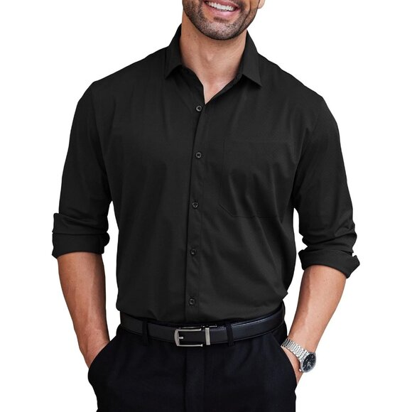 Black Men Long Sleeve Wrinkle Free Textured Button Down Business Dress Shirt - Picture 1 of 7